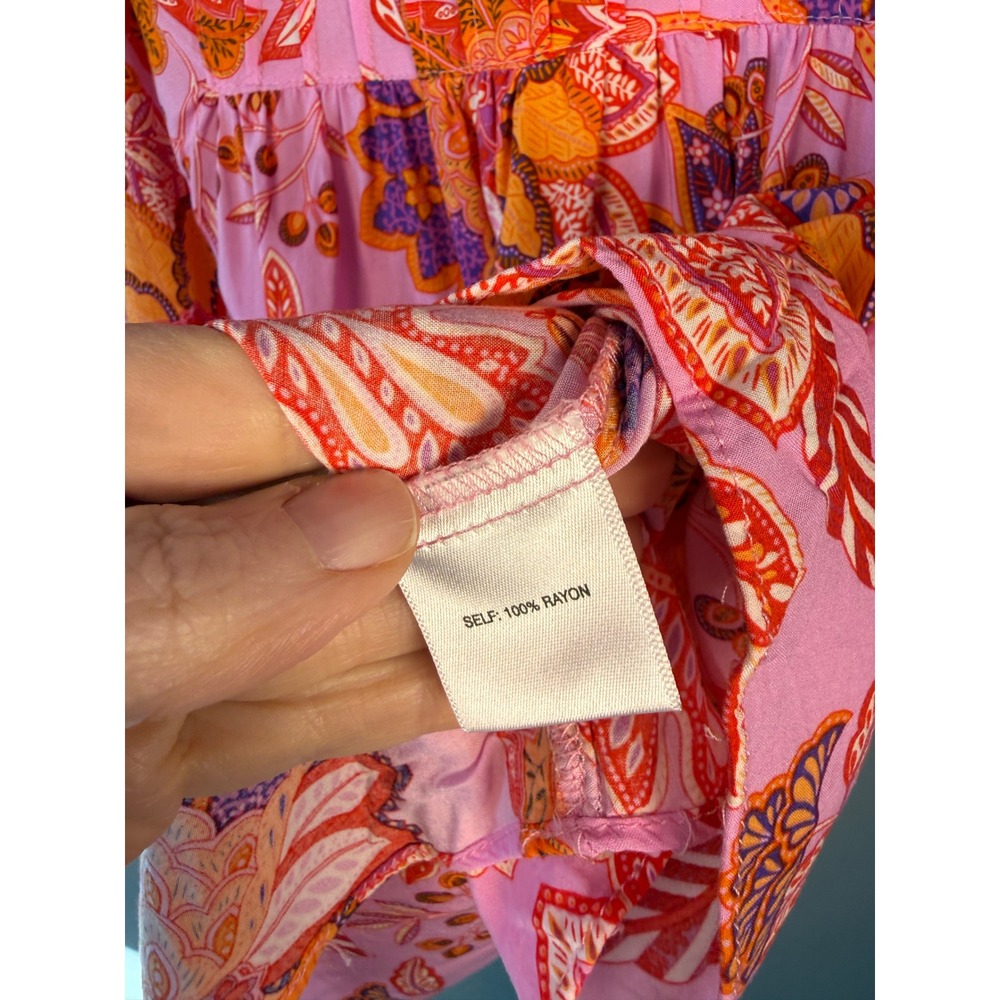 Rose + Olive Floral Boho Flutter Sleeve Top Size M Pink Cottagecore Short Sleeve - Picture 6 of 8